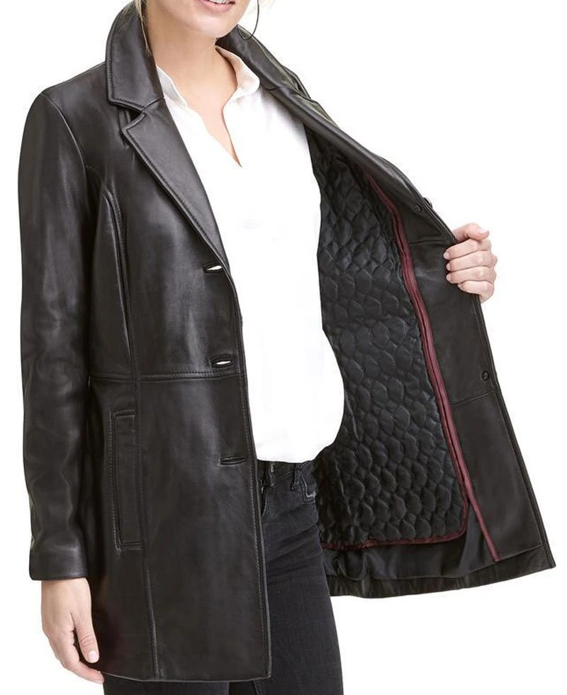 Women's 3 Button Car Black Leather Coat - Image 3