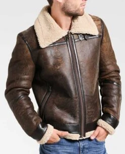 Men's Aviator Distressed Leather Shearling Jacket