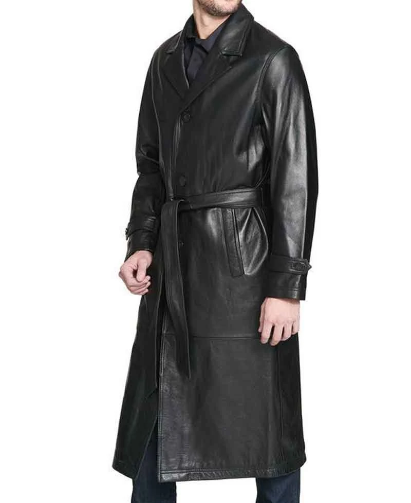 Men's Belted Button Closure Trench Black Leather Coat - Image 3