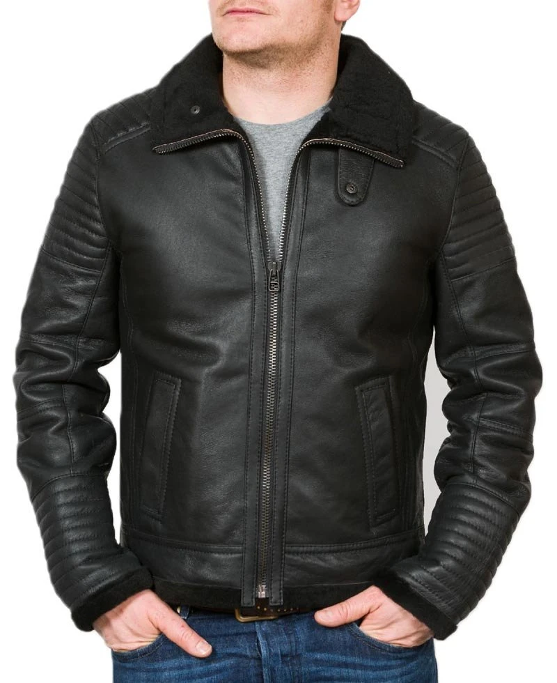 Men's Shearling Flying Black Sheepskin Leather Jacket
