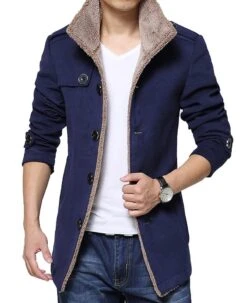 Men's Shearling Blue Wool Single Breasted Jacket