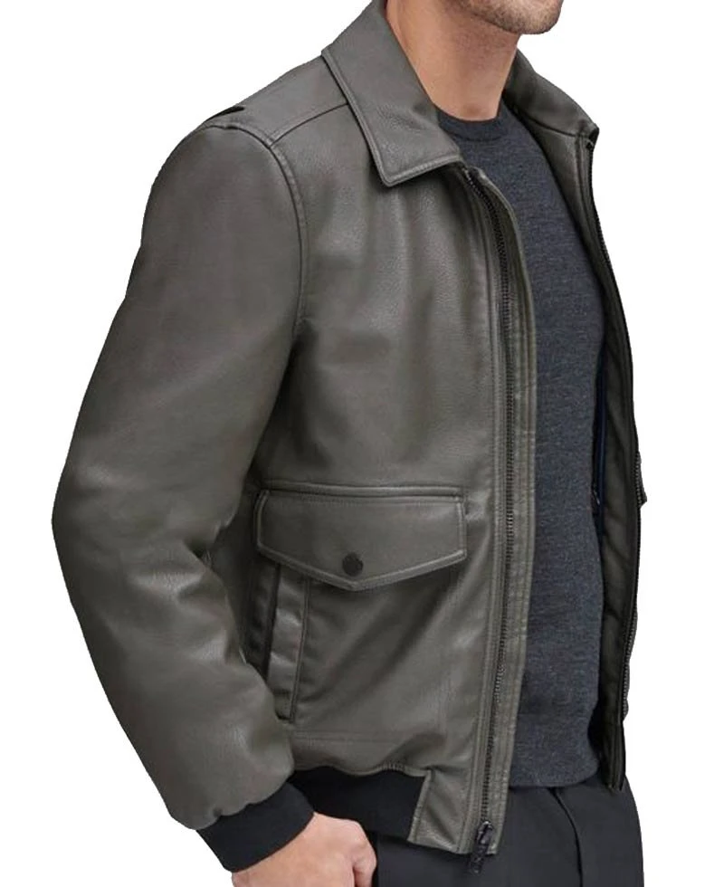 Men's Bomber Flap Pockets Grey Leather Jacket - Image 2