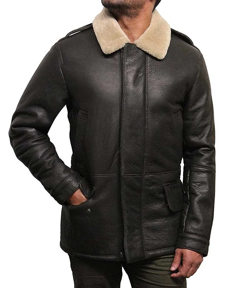 Men's Shearling Sheepskin Brown Leather Jacket With Fur Collar