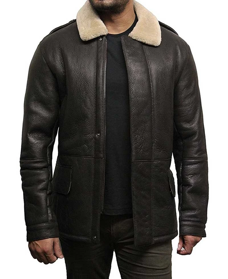 Men's Shearling Sheepskin Brown Leather Jacket With Fur Collar - Image 2