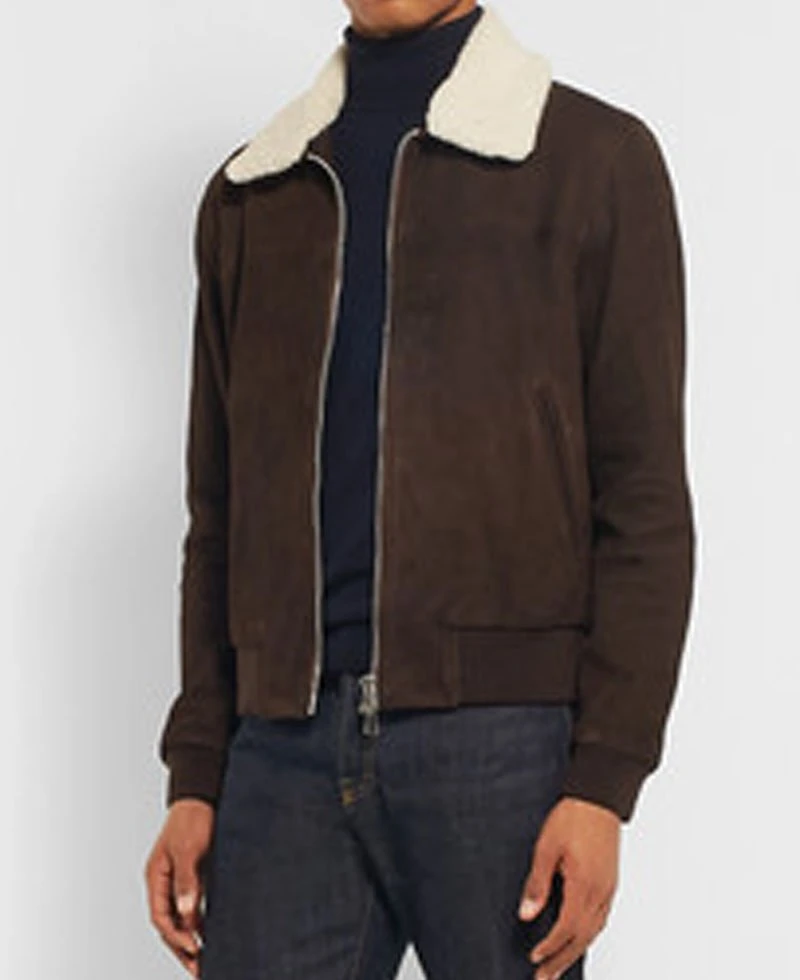 Men's Brown Suede Bomber Shearling Trim Jacket - Image 4