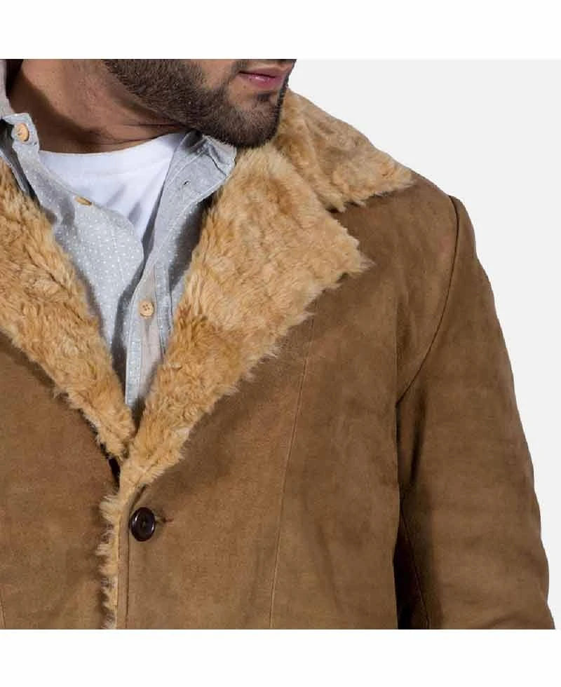 Men's Brown Suede Leather Jacket With Faux Fur - Image 5