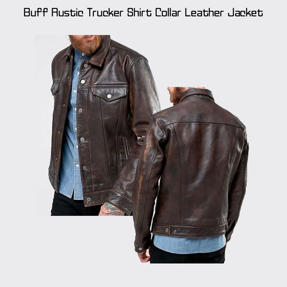 Men's Trucker Rustic Buff Shirt Collar Leather Jacket - Image 5