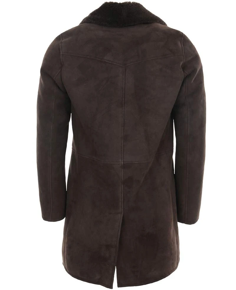 Men's Button Closure Brown Suede Shearling Coat With Fur Collar - Image 6