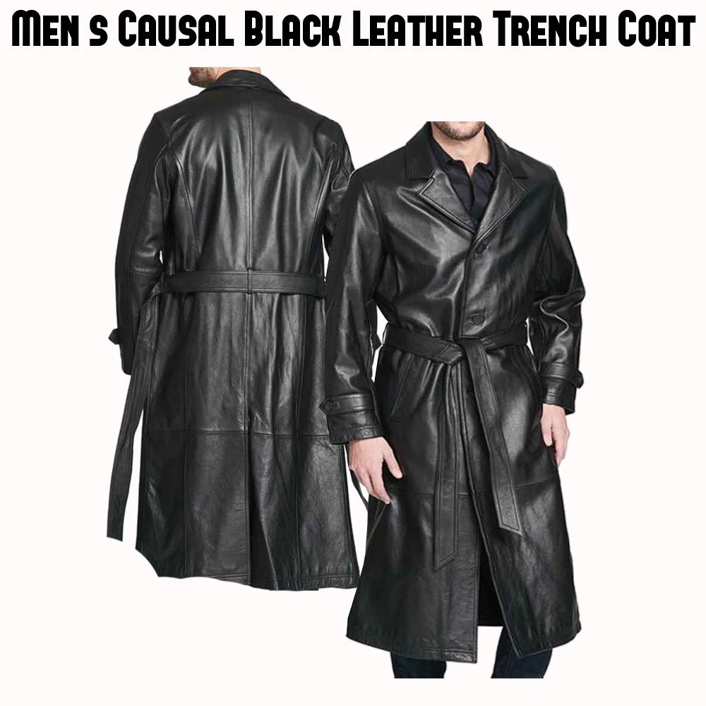 Men's Belted Button Closure Trench Black Leather Coat - Image 7