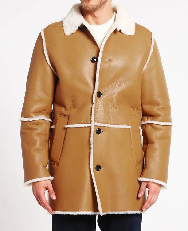 Men's Car Tan Brown Leather Shearling Coat