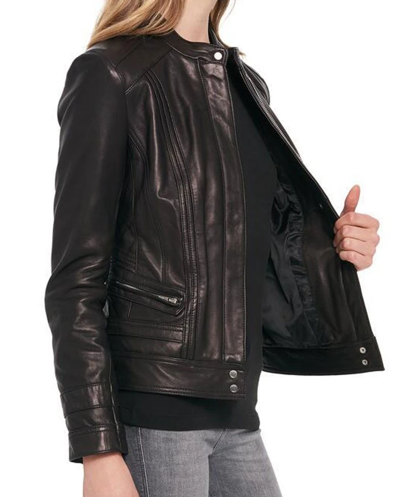 Women's Designer Black Rivet Scuba Leather Jacket - Image 4