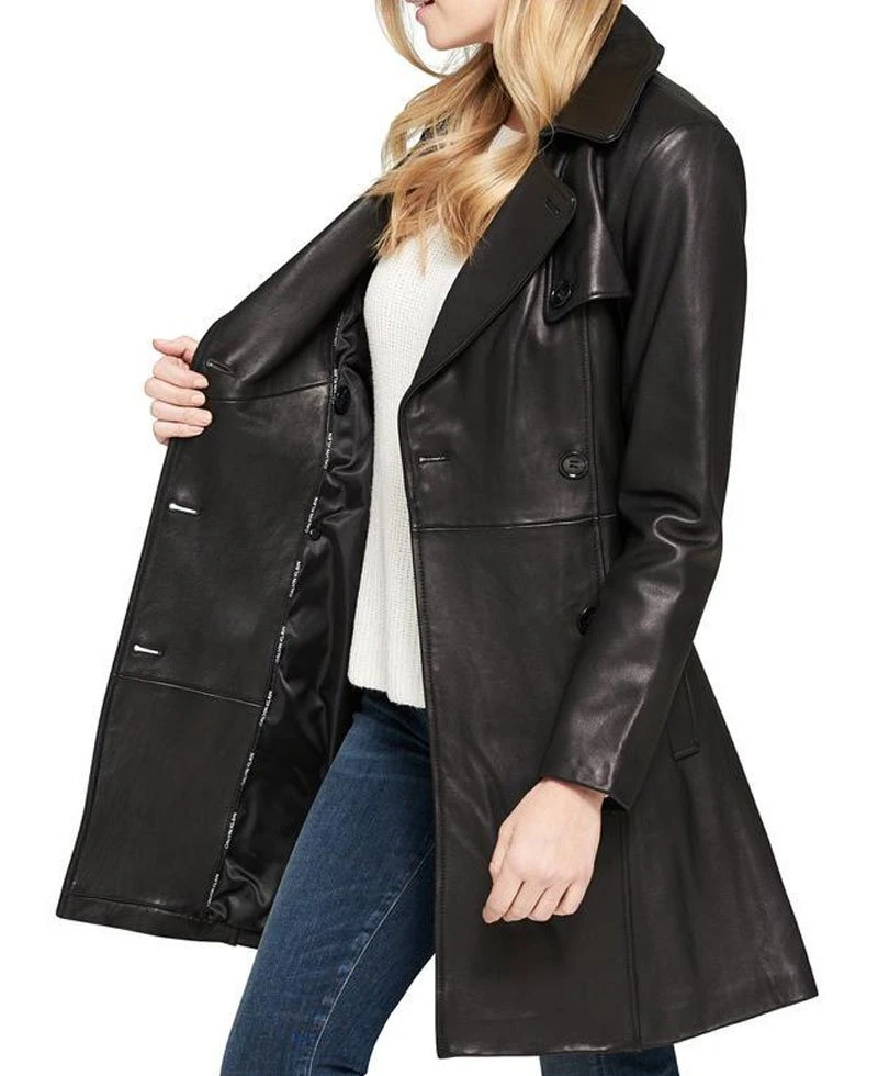 Women's Double Breasted Belted Black Leather Trench Coat - Image 3