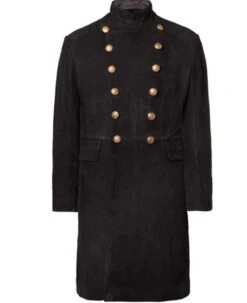 Men's Double Breasted Military Black Suede Coat
