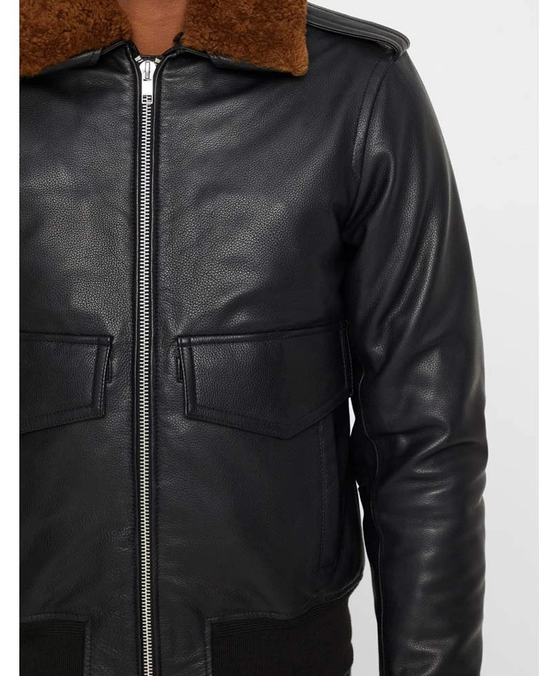 Men's Grain Black Leather Bomber Jacket With Brown Faux Fur Collar - Image 6