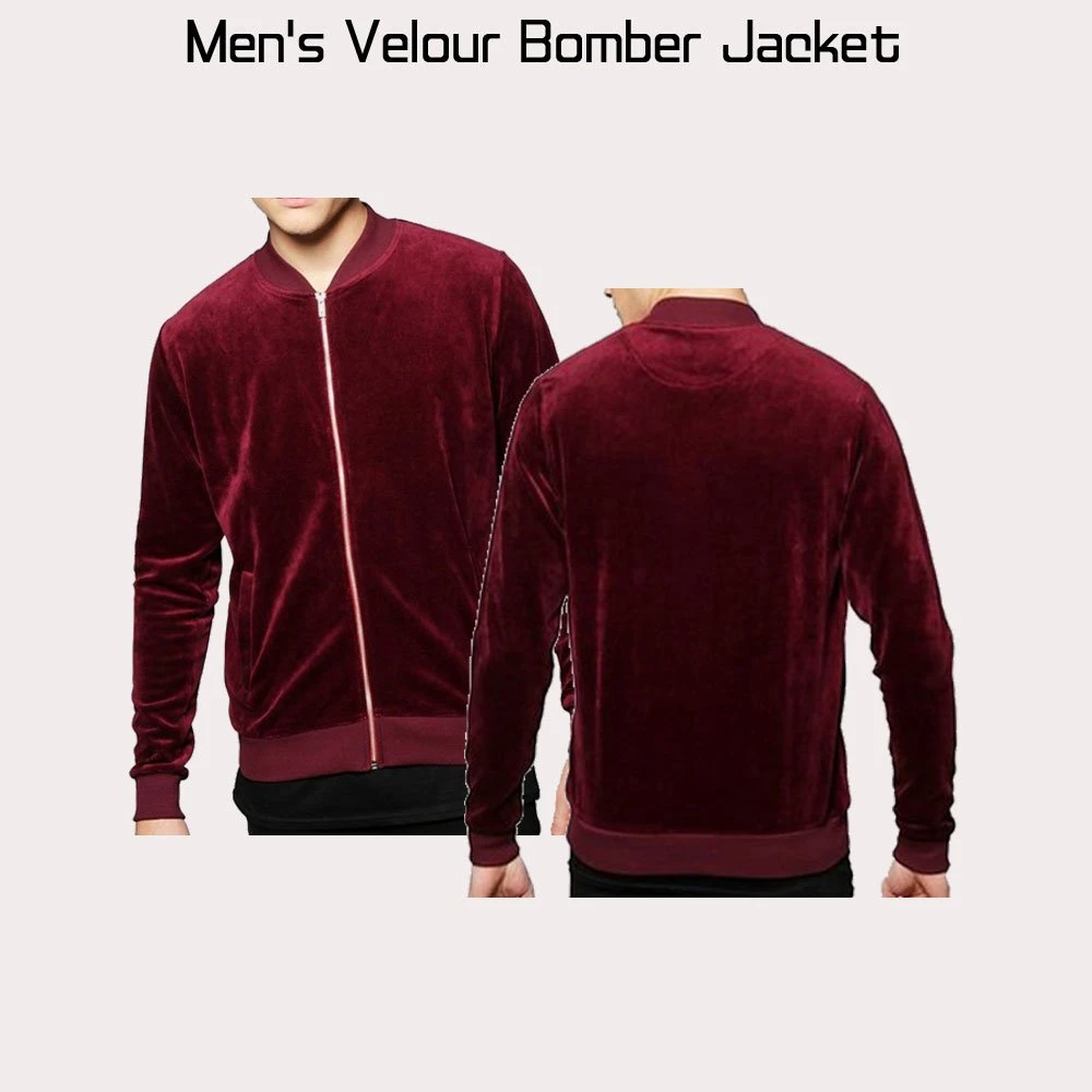 Men's Velour Bomber Burgundy Jacket - Image 5