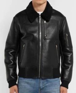 Men's MA 1 Bomber Black Leather Jacket With Fur Collar