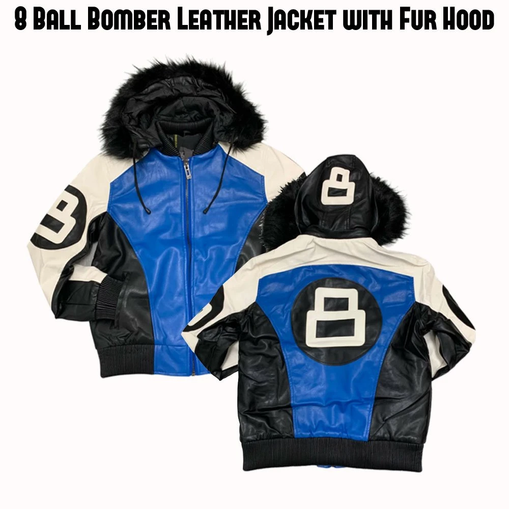Men's 8 Ball White Black And Blue Leather Jacket - Image 3