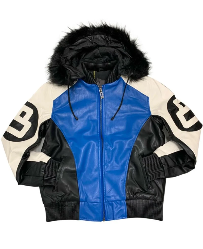 Men's 8 Ball White Black And Blue Leather Jacket