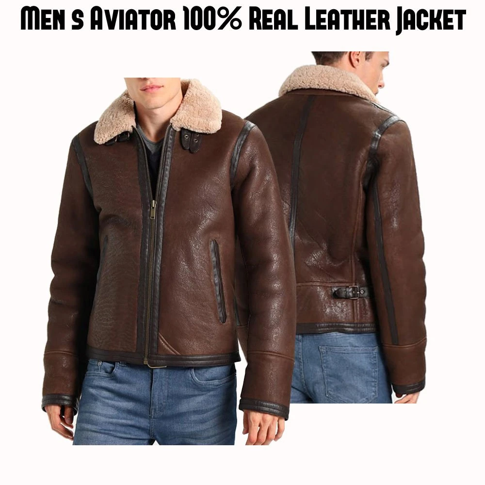 Men's Aviator Leather Jacket With Fur Collar - Image 4