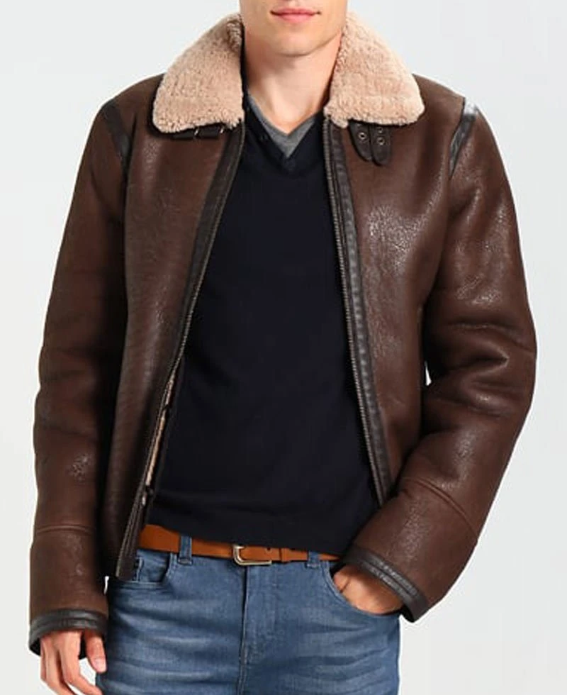 Men's Aviator Leather Jacket With Fur Collar - Image 3