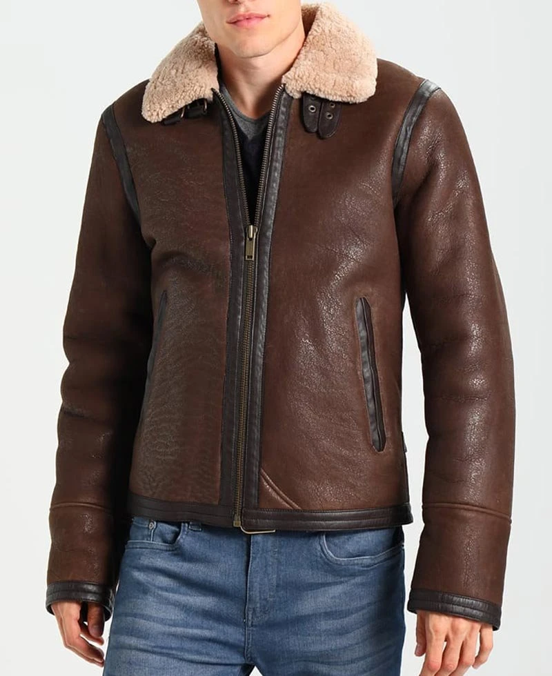 Men's Aviator Leather Jacket With Fur Collar