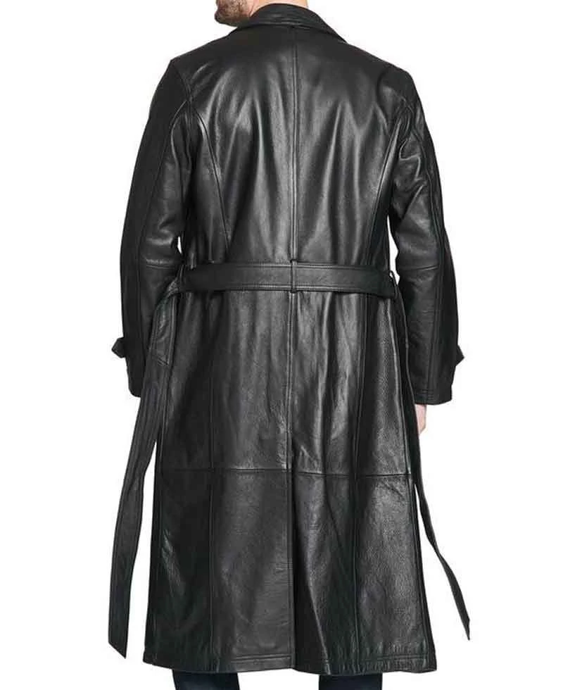 Men's Belted Button Closure Trench Black Leather Coat - Image 6