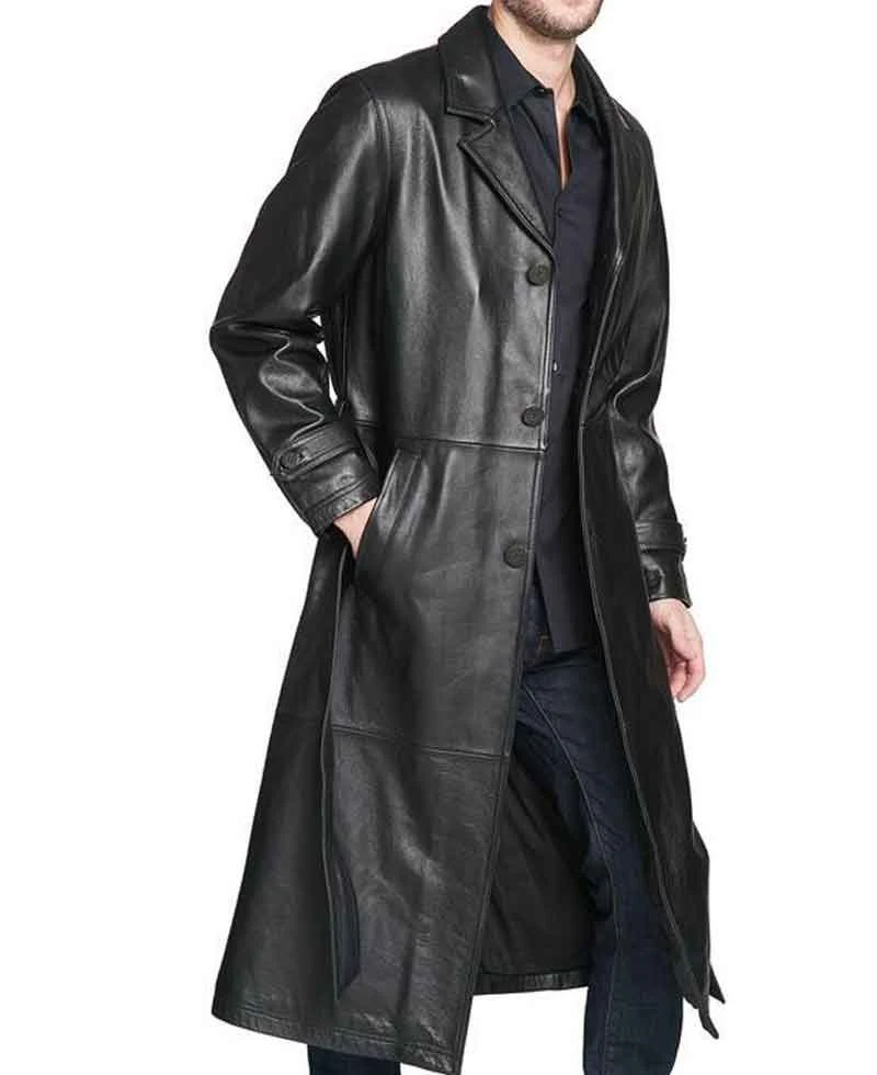 Men's Belted Button Closure Trench Black Leather Coat - Image 4