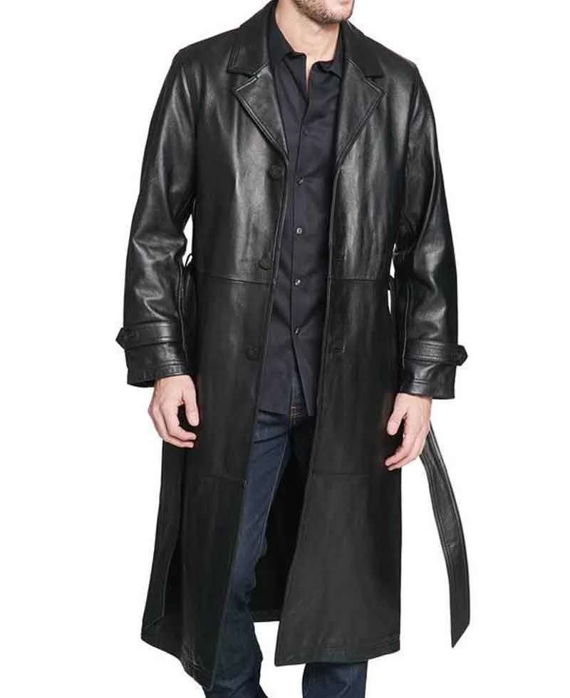 Men's Belted Button Closure Trench Black Leather Coat - Image 2
