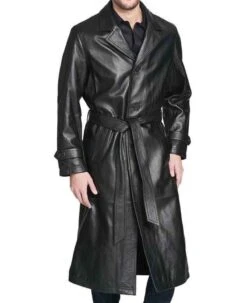 Men's Belted Button Closure Trench Black Leather Coat