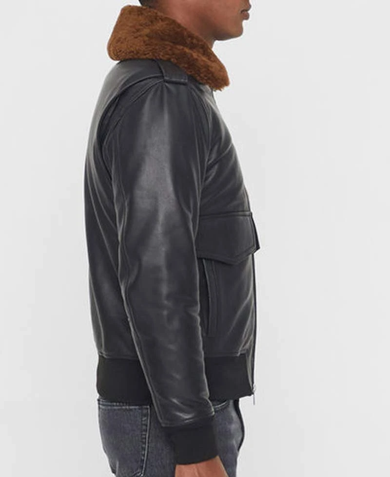 Men's Grain Black Leather Bomber Jacket With Brown Faux Fur Collar - Image 4