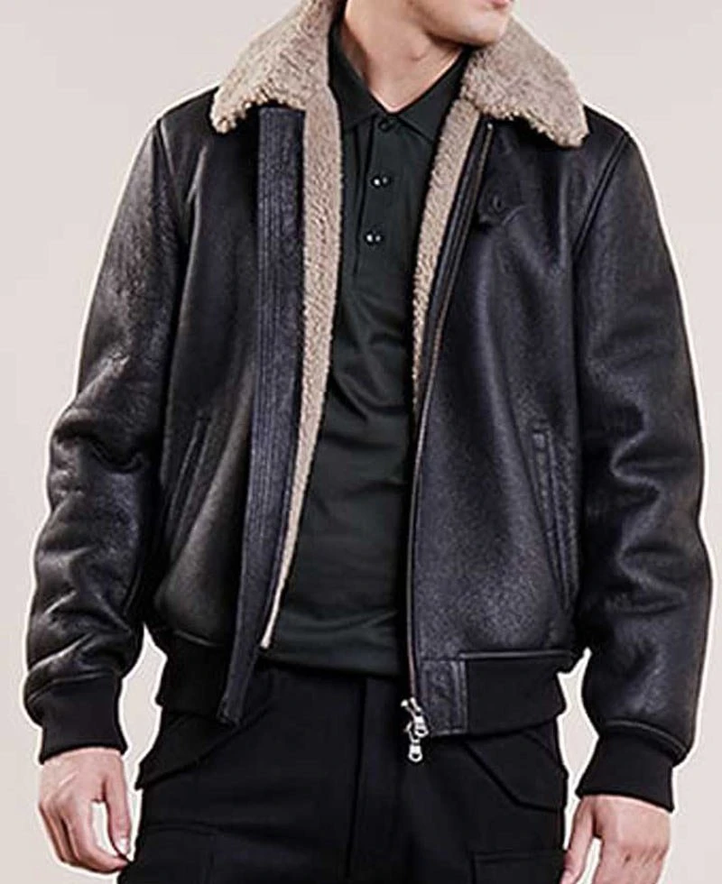 Men's Aviator Black Leather Bomber Jacket - Image 3