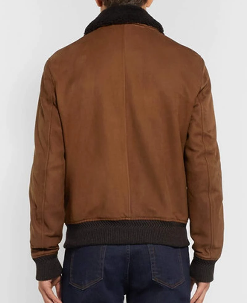 Men's Bomber Brown Suede Jacket With Fur Collar - Image 6