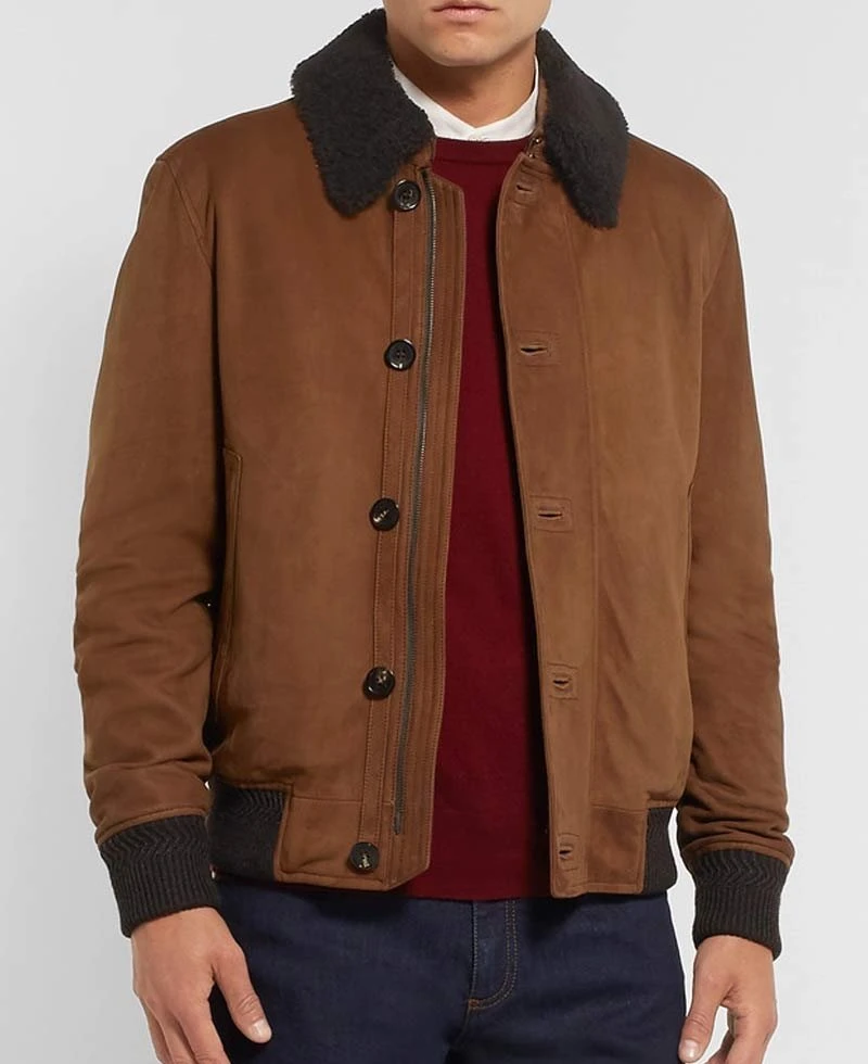 Men's Bomber Brown Suede Jacket With Fur Collar - Image 2