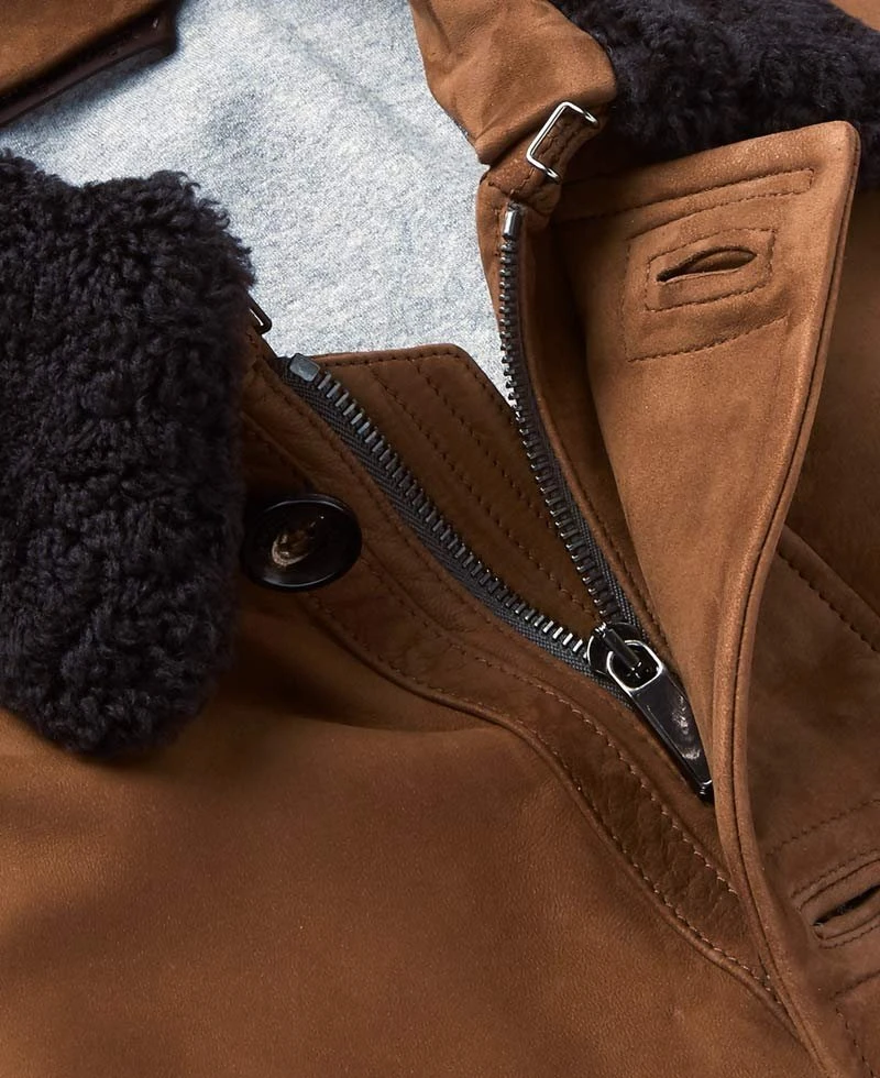 Men's Bomber Brown Suede Jacket With Fur Collar - Image 4