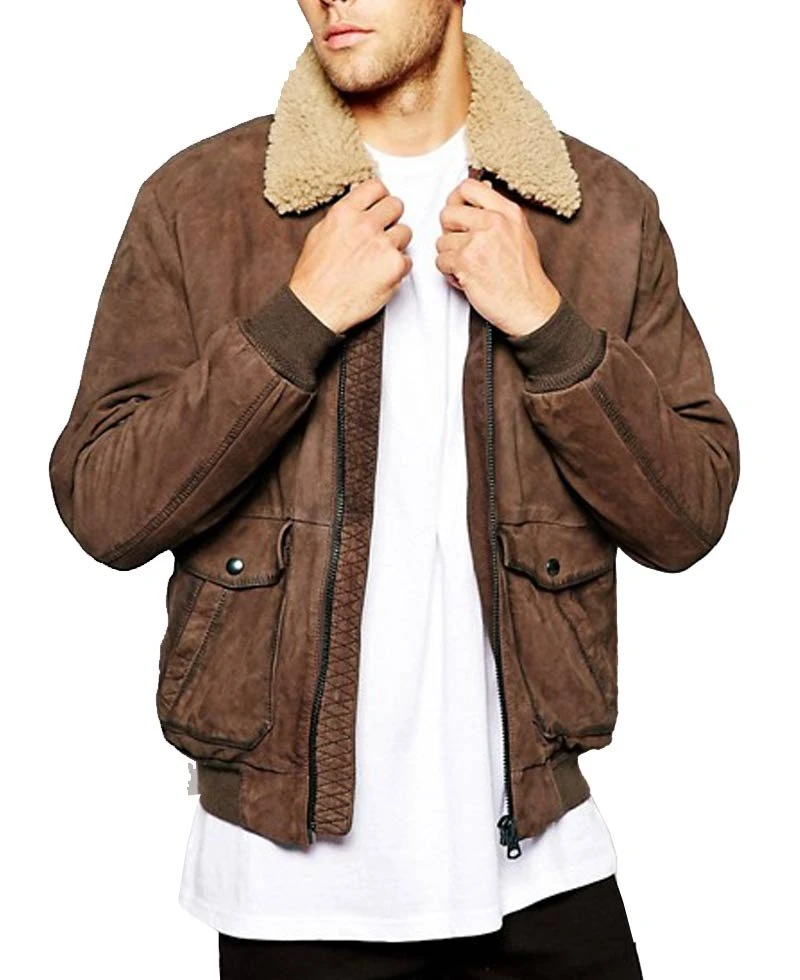 Men's Bomber Wrangler Leather Jacket With Fur Collar
