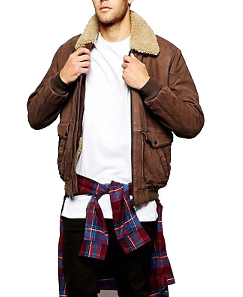 Men's Bomber Wrangler Leather Jacket With Fur Collar - Image 4