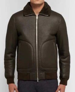 Men's Brown Bomber Rib Knitted Large Pockets Design Shearling Black Leather Jacket
