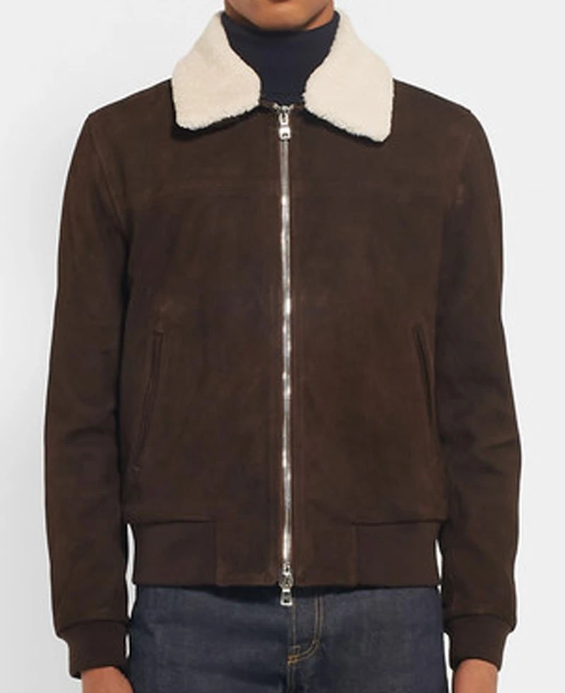 Men's Brown Suede Bomber Shearling Trim Jacket - Image 2