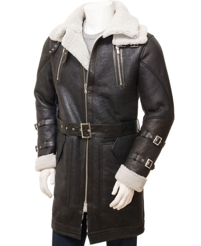 Men's Shearling Double Collar Brown Leather Coat
