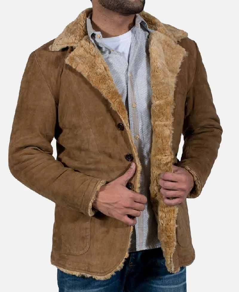 Men's Brown Suede Leather Jacket With Faux Fur - Image 3