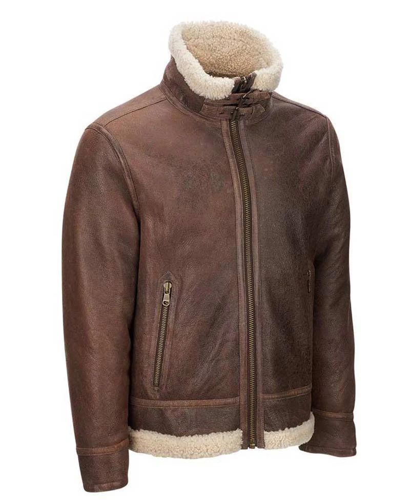 Men's Aviator Faux Shearling Brown Leather Jacket - Image 3