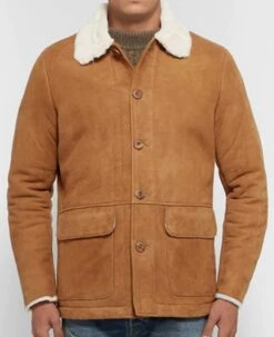 Men's Tan Brown Suede Button Closure Leather Jacket