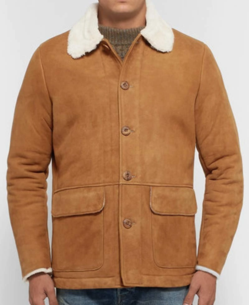 Men's Tan Brown Suede Button Closure Leather Jacket