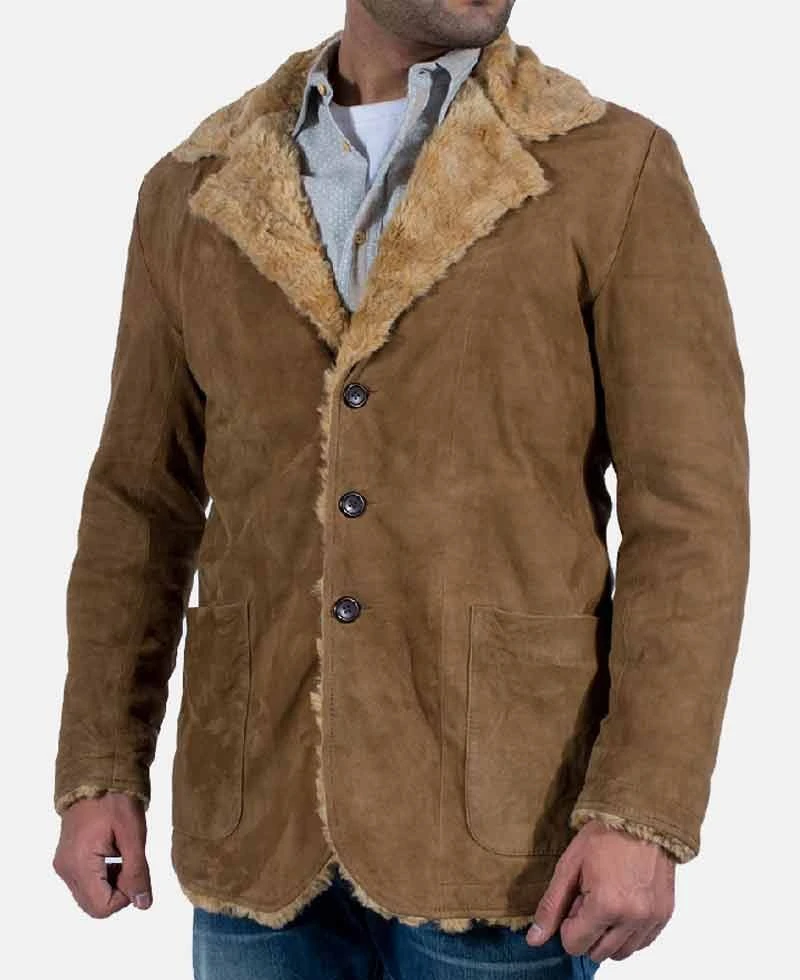 Men's Brown Suede Leather Jacket With Faux Fur - Image 2