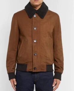 Men's Bomber Brown Suede Jacket With Fur Collar