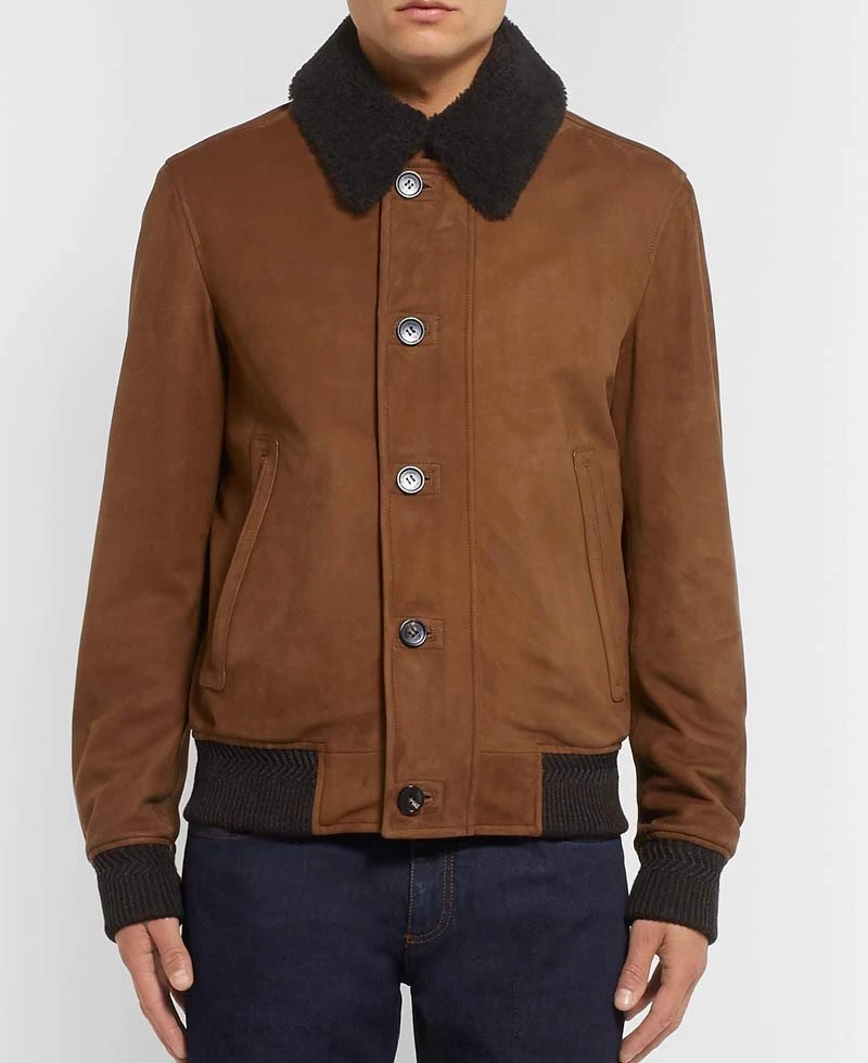 Men's Bomber Brown Suede Jacket With Fur Collar