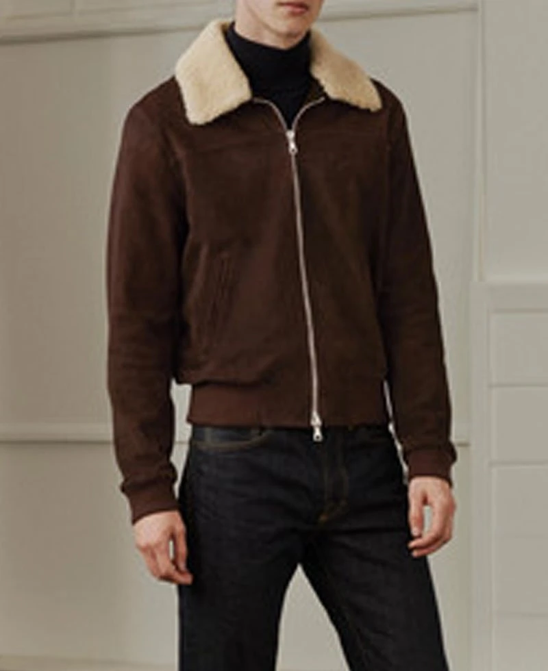 Men's Brown Suede Bomber Shearling Trim Jacket - Image 3