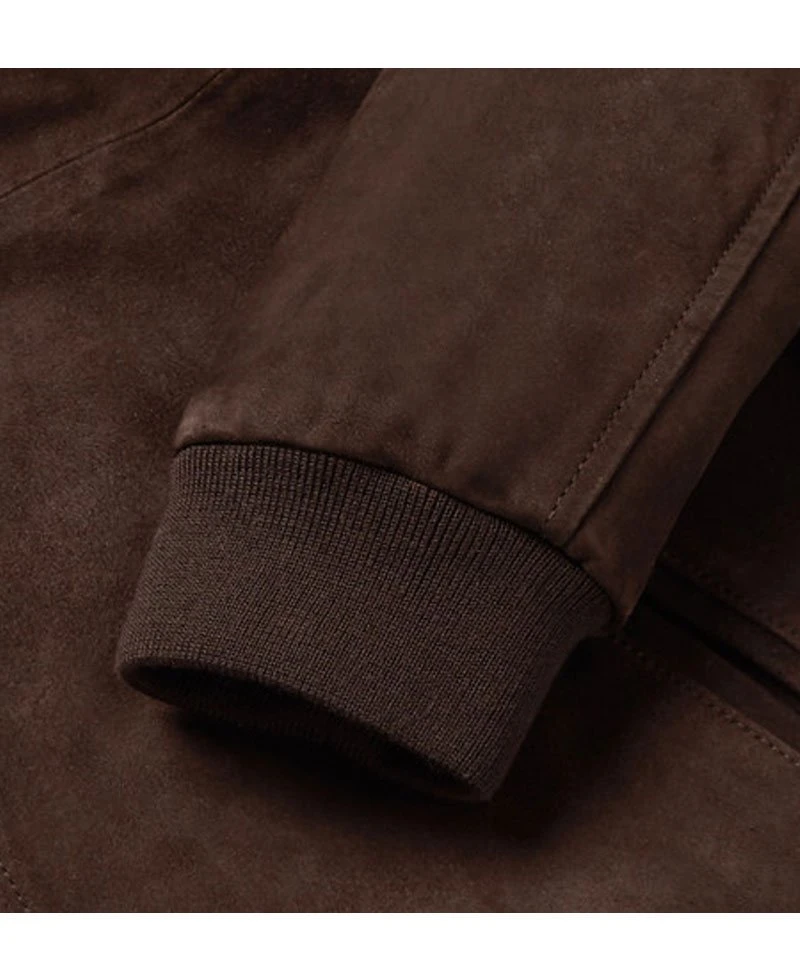 Men's Brown Suede Bomber Shearling Trim Jacket - Image 6