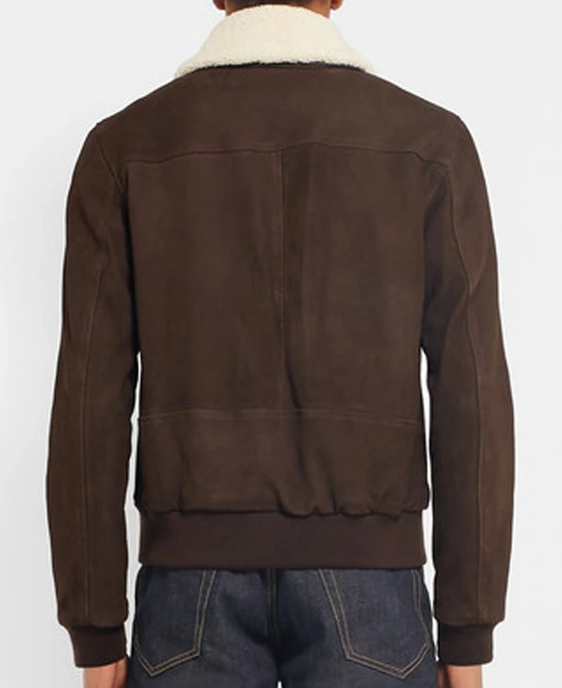 Men's Brown Suede Bomber Shearling Trim Jacket - Image 7