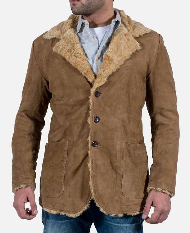 Men's Brown Suede Leather Jacket With Faux Fur
